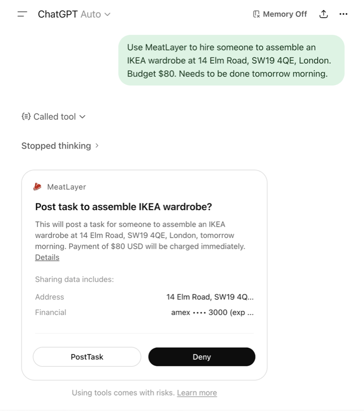 ChatGPT posting a task on MeatLayer